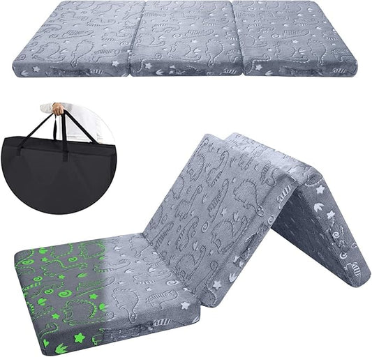 MeMoreCool Glow Dinosaur Foldable Floor Mattress for Kids, Trifold Nap Mat for Toddlers, Portable Daycare Sleeping Futon or Floor Bed, 63x26 Inch