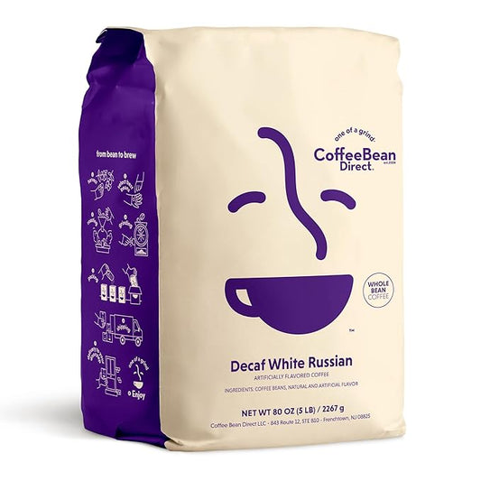 Coffee Bean Direct Decaf White Russian Flavored, Whole Bean Coffee, 5 Pound Bag (Pack of 1)