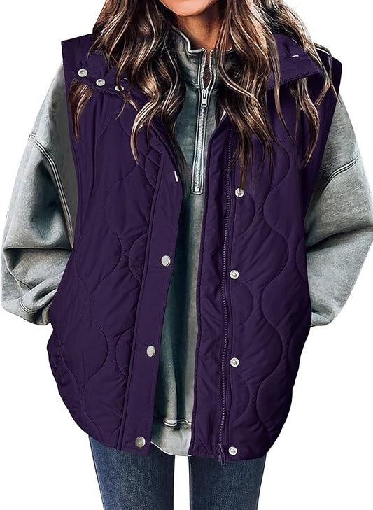Zeagoo Puffer Vest Women Sleeveless Quilted Jacket Lightweight Snap Zip Up Stand-up Collar Down with Pockets Outerwear