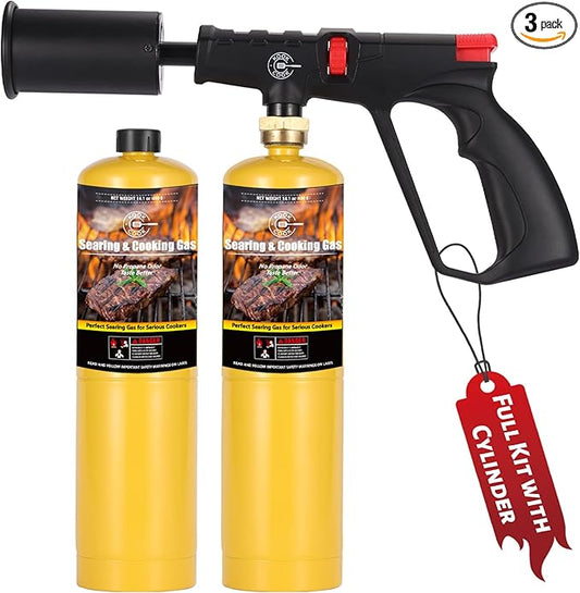 Propane Cooking Torch Kit with 2x Searing MAPP Gas Tanks Grill Torch Gun Sous Vide Propane Gas Torch Head Kits Camp Fire Starter Charcoal Torch Lighter Blow-Torch for Cooking BBQ Flamethrower