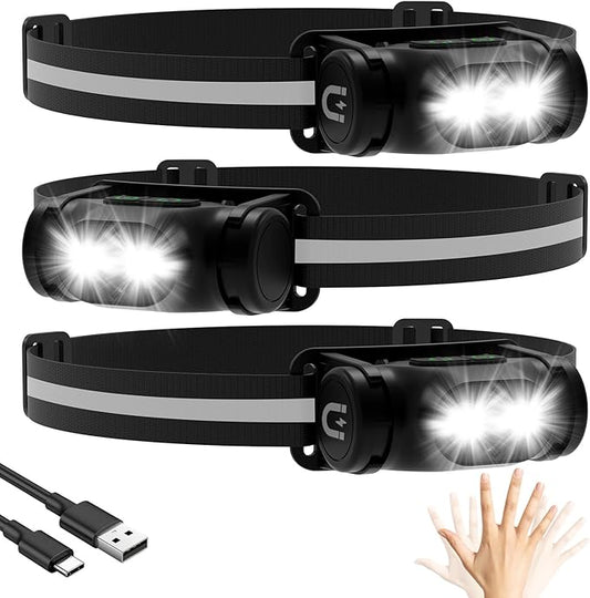 High Lumens Rechargeable Magnetic LED Headlamp for Camping, Hiking, Caving, Fishing, Motion Sensor Waterproof Impact-Resistant Bright Head Light with 4 Light Modes, Adjustable Headstrap (3 Pack)