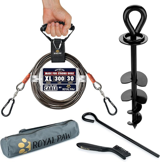 Dog Tie Out Cable and Stake 30ft - for Large Dogs up to 300 lbs - Heavy Duty Tether and Dog Stake for Yard, Beach & Camping Outside (Black, L/XL - 30ft)