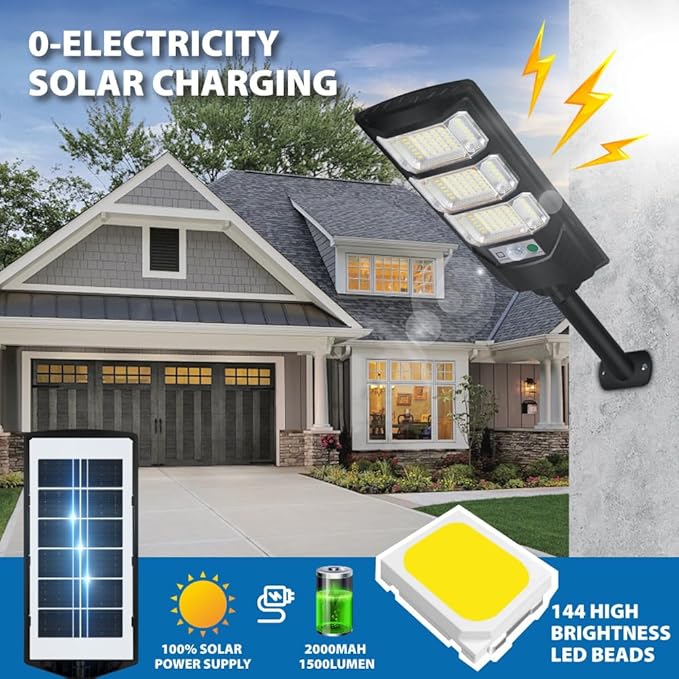 Solar Outdoor Light 2 Pack, 144 LED 6500K Dusk to Dawn Solar Powered Street Light IP65 Waterproof Motion Sensor Security Flood Light with Remote Control Smart Light for Patio Barn Yard Garage
