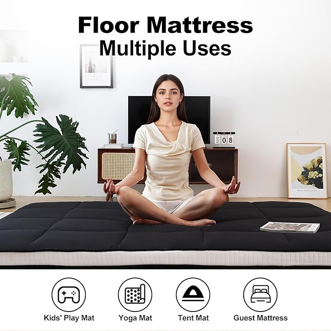 Tiita Queen Memory Foam Mattress Topper, 4" Thicken Futon Floor Mattress with Storage Bag and 2 Straps, Portable Roll Up Travel Car Camping Mattress Sleeping Pad, Black