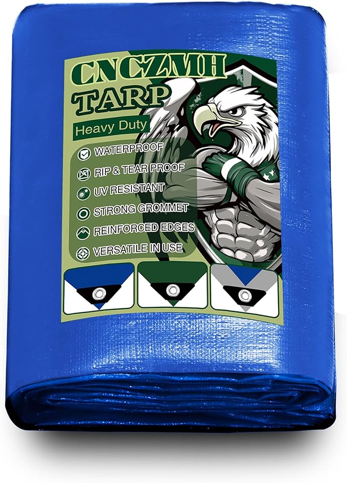 Heavy Duty Tarp Waterproof, 10 Mil Thick 6x12 Feet Finished Size Tarps Outdoor, Multipurpose Tarpaulin, Small Tarp for Emergency Rain Shelter Camping (Blue, 6x12ft)
