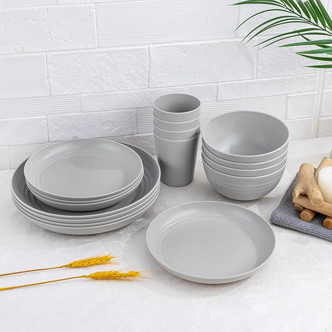 Supernal 16pcs Light Grey Plates and Bowls Dinnerware Set, Unbreakable Reusable Plate,Reusable Plastic Plate Set for 4, Include Dinner Platos, Dessert Platos, Cereal Bowls, Cups for Kitchen & Camping