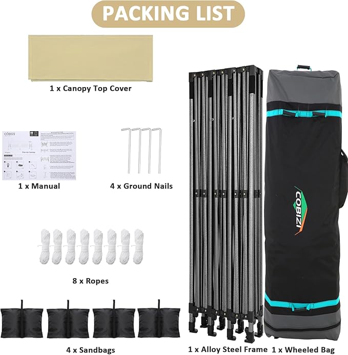 COBIZI 10x30 Pop Up Canopy Without Sidewall,Heavy Duty Canopy UPF 50+ All Season Wind Waterproof Commercial Outdoor Wedding Party Tents for Parties Canopy Gazebo with Roller Bag(10 x 30 ft Khaki)