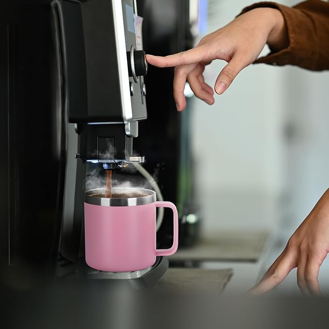 VEGOND 14 oz Insulated Coffee Mug Bulk with Handle, Stainless Steel Travel Coffee Mug with Lid, Double Wall Vacuum Metal Coffee Cup, Coffee Tumbler Powder Coated, Pink 8 Pack