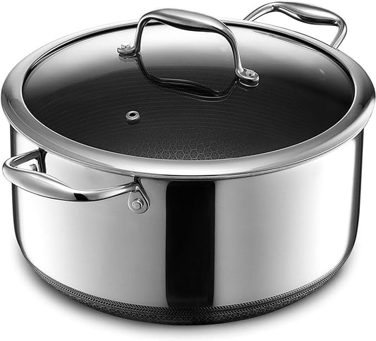 HexClad Hybrid Nonstick 8-Quart Stockpot with Tempered Glass Lid, Stay-Cool Handles, Dishwasher-Friendly, Oven-Safe Up to 900°F, Induction Ready, Compatible with All Cooktops