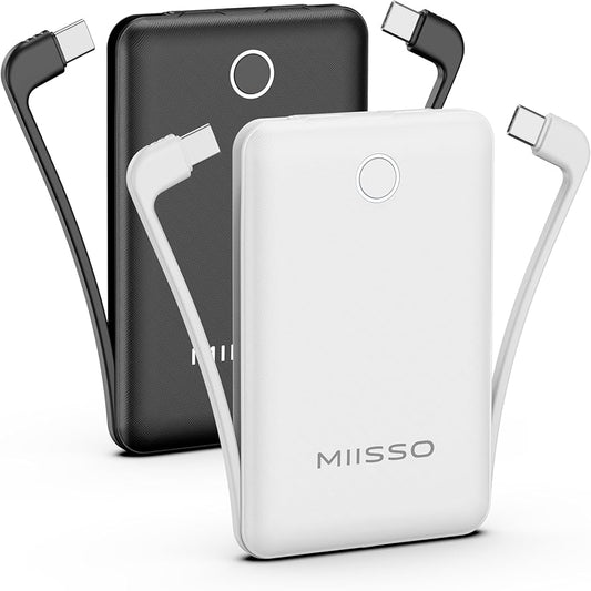 10000mAh Slim Portable Charger with Built in Cable, Power Bank Travel Charger External Battery Pack for Phone, 3 Output USB Type C Cord Clutch Charger Compatible with iPhone, 2 Pack Black & White