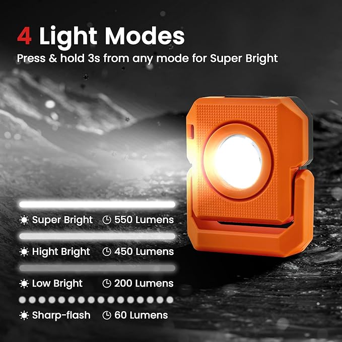 2 Pcs Mini Rechargeable LED Work Light, 550 Lumens Magnetic Flashlight Keychain Lights with Rotatable & Magnet Base Portable Mechanic Light for Car Repairing Outdoors Camping, Orange