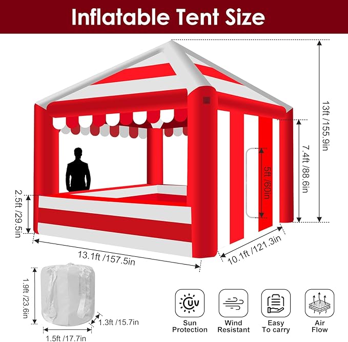 Inflatable Canopy Tent 13x13,Advertising Outdoor Shade Tent with 550w Air Blower,Red & White Striped for Tradeshow,Promotion Events, Parties, Camping
