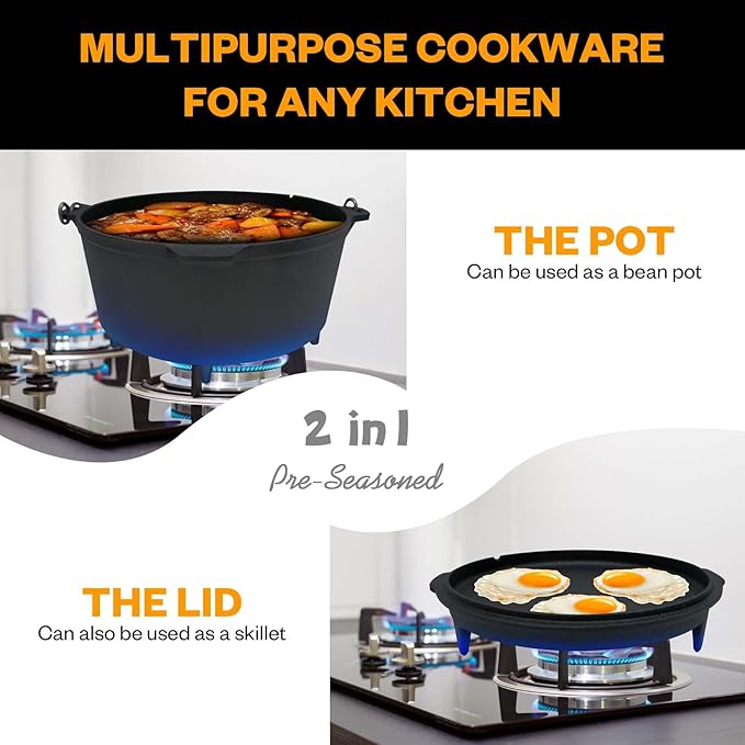 Cast Iron Dutch Oven Pot with Lid,2-in-1, 8 Quart and Lid Lifter Tool for Outdoors and Indoor Use Pre-Seasoned Camping Cookware Pot for Frying Griddling Stewing