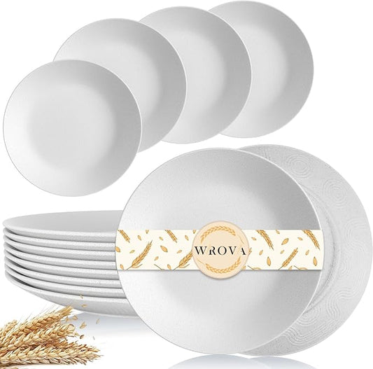 Wheat Straw Dinner Plates 10 Inch Unbreakable Set of 8 - Dishwasher & Microwave Safe Plastic Plates Reusable - Lightweight Plates for kitchen,camping,picnic,R.V. - White