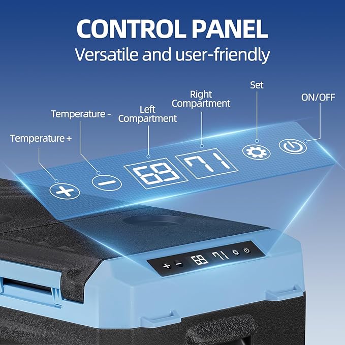 25L Car Refrigerator Freezer, 27QT Dual Zone Portable Compressor Cooler with Reversible Door, 100–240V AC / 12V / 24V DC Powered, Touchscreen Control, LED Light, -4℉ to 68℉, Ice Blue