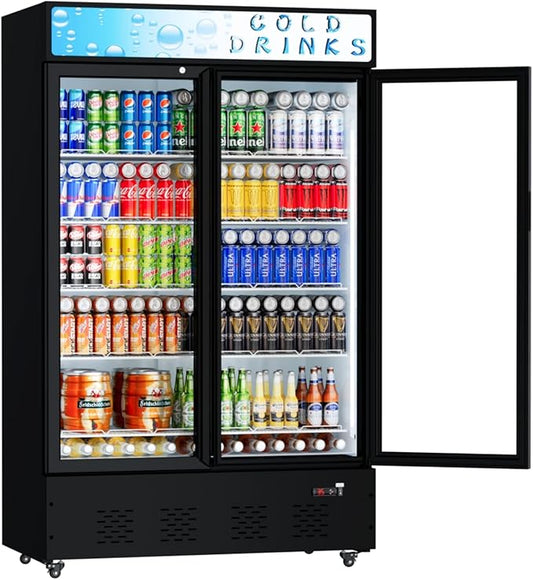 Commercial Glass Door Display Refrigerator 40 Cu.ft Cooler Commercial Display Beverage Refrigerators with LED Light and 10 Shelves for Cafe Restaurant Store Bar