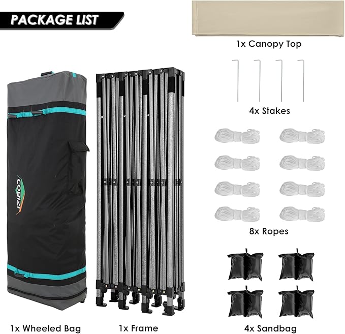 COBIZI 10x30 Pop up Canopy, Heavy Duty Outdoor Party Tents for Parties, Ez up UPF 50+ Waterproof Commercial Canopy with Wheeled Bag can fold, Khaki(Windproof Upgraded)