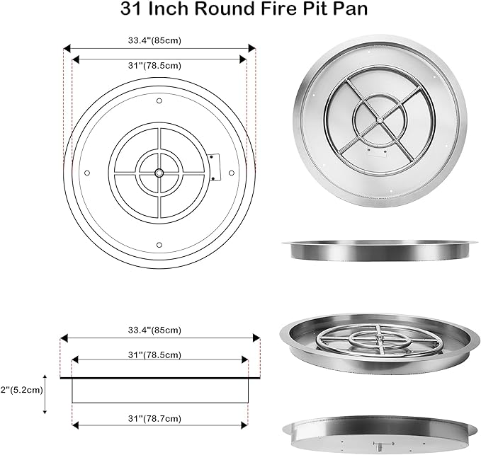 Stanbroil 31 Inch Drop-in Round Fire Pit with Spark Ignition Kit, Gas Firepit Insert for DIY Project, Propane Gas Version,304 Stainless Steel