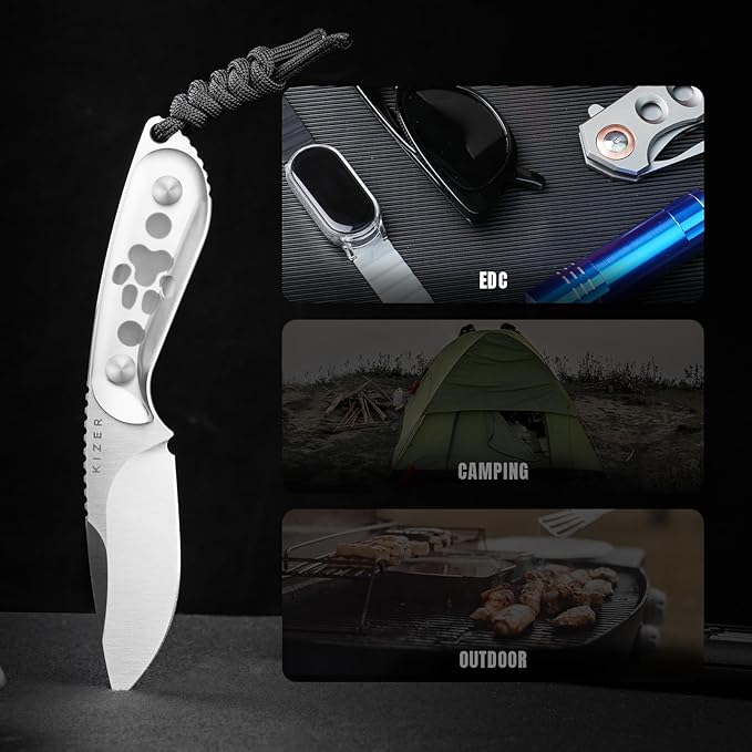Kizer Buddy Fixed Blade Knife, 3" AEB-L Steel Camping Knife with White Acrylic Handle, Compact EDC Fixed Blade Knives with Sheath for Hiking & Camping 1081A4