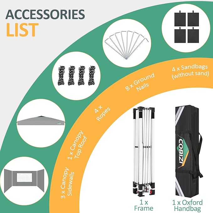 COBIZI Canopy Tent 10x10, Easy Up 10x10 Pop Up Canopy for Party Camping, Party Tents with One Push Central Button Air Vent, Outdoor Gazebo Tent with Sidewalls and Reflective Strip(Grey)