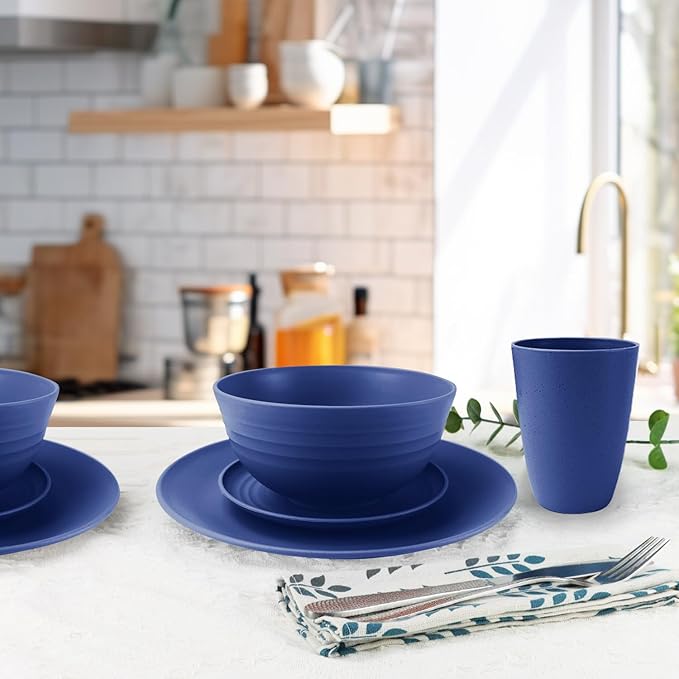 40 Pieces Wheat Straw Dinnerware Sets Service for 8, Plates and Bowls Sets, Dinner Plates, Cereal Bowls and Drinking Cups, Unbreakable and Reusable Plastic Dinnerware Sets (Dark Blue)