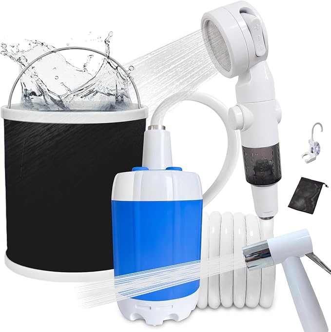 Portable Camping Shower,Rechargeable Outdoor Shower Kit with Foldable Bucket & Handheld Spray,Lightweight Travel Shower for Camping,Hiking,Beach,Car Washing,Pets & Emergency Use