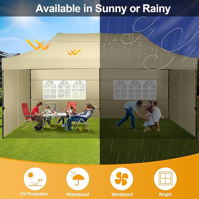 COBIZI 10x20 Pop Up Canopy with 6 Sidewall,Heavy Duty Canopy UPF 50+ All Season Wind Waterproof Commercial Outdoor Wedding Party Tents for Parties Gazebo with Roller Bag(10 x 20 ft Khaki)