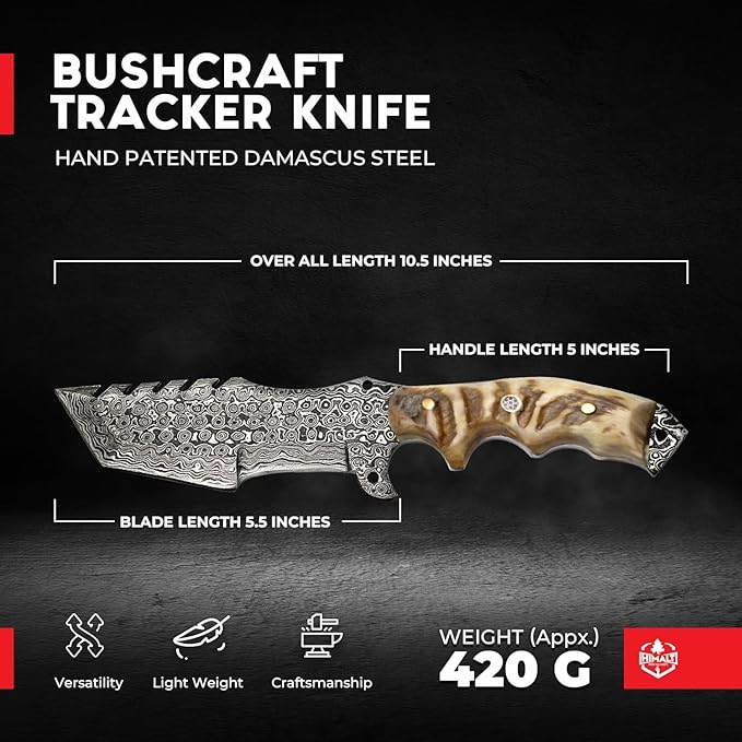 10.5” Damascus knife-Fixed Blade Hunting Knife with Sheath-Ram Horn Handle-Bushcraft, Survival & Camping knife- Ideal For EDC, skinning, Camping, Outdoor-Best Hunting Knives for Men