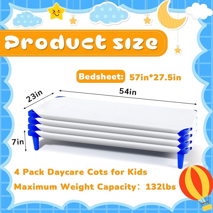 8 Pcs Stackable Daycare Cots for Kids with Sheets 54" l x 23" W T Kids Cots Furniture Bed Frames Headboards Footboards for Sleeping and Daycare (Blue)