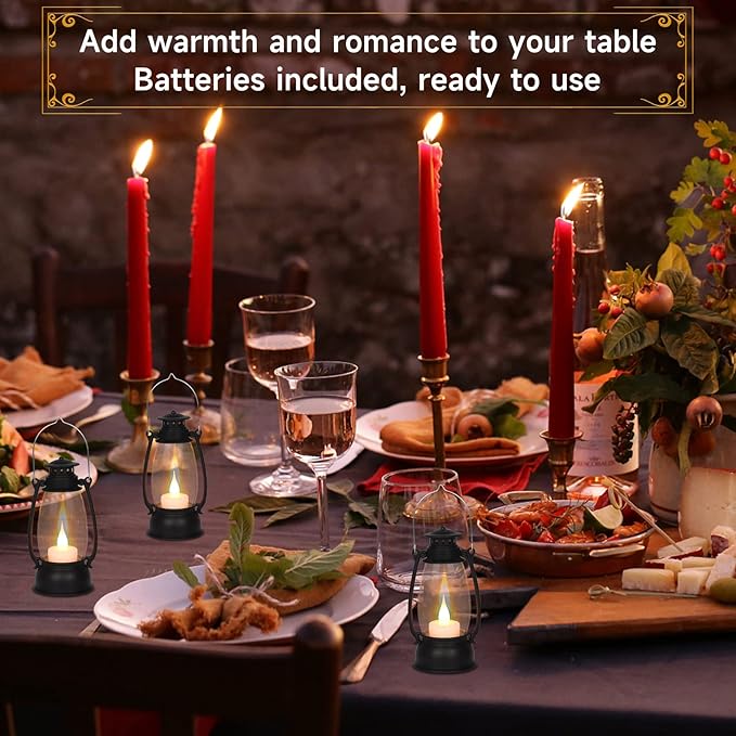 12Pcs Mini Lantern for Cowboy Halloween Christmas Wedding, Black 6" Candle Lantern with Flickering LED for Camping Western Party Decorations, Table Centerpiece, Hanging Lamp Ornaments Bulk