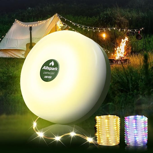 Allspark Camping String Lights, 4 in 1 Quick Storage 32.8FT Rechargeable Waterproof LED Tent Lights with 8 Lighting Modes,Magnetic Hanging Lamp for Hiking Patio Awning Garden Halloween Xmas Festival