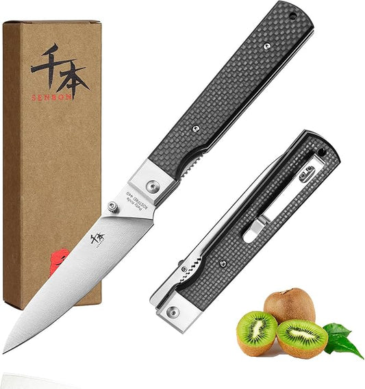 SENBON 440 Stainless Steel Super Sharp Pocket Folding Chef Knife Peeling Utility Knife Carbon Fiber Handle Camping Barbecue Outdoor Back Clip Portable Fruit Knife