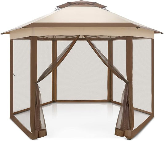 EAGLE PEAK 6-Sided Outdoor Camping Pop Up Gazebo w/Screen Netting, 13x13 Double-Tier Hexagonal Outdoor Canopy Tent for Patio, Garden, Party, Backyard, Beige