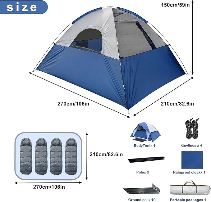 4 Person Dome Camping Tent, Double Layer Waterproof, Removable Rain Fly, for Outdoor Hiking, Fishing