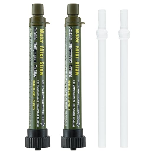 Water Filter Straw Outdoor Portable Personal Water Filter Straw Water Purifier Survival Gear and Equipment for Hiking Camping Travel and Emergency 2 Pack Army Green