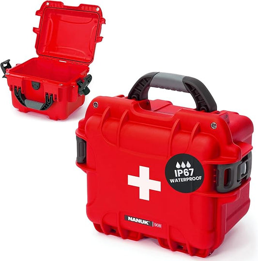 NANUK 908 Waterproof First Aid Box Empty – Durable, Medical First Aid Organizer Case, IP67-Rated, Dustproof, Impact-Resistant, and Floats (7.4" x 4.9" x 3.1") – Red
