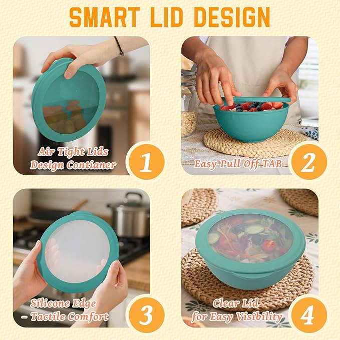 Homienly Bowls with Lids, Wheat Straw Bowl Set of 4-40 OZ Cereal Bowls and Silicone Edge Lids,Unbreakable Food Containers for Meal Prep, Salad, Lunch, Kitchen, Camping, Picnic, RV (4 Sets,Green)