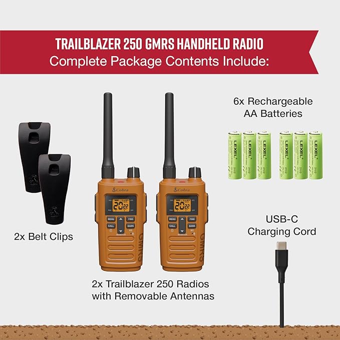 Cobra Trailblazer 250 GMRS Radio (2-Pack) – AA Battery Powered with USB-C Charging, Compact 2.5W Long Range Walkie Talkies, NOAA, Programmable Software, Removable Antenna, Repeater Capable