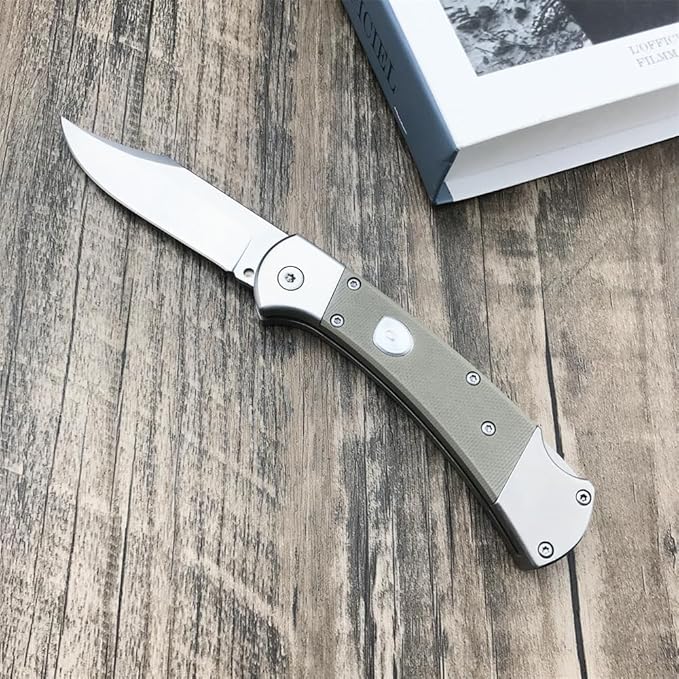 push button assisted opening Folding Knife,440C Stainless Steel Blade, Backlock G10 Handle with Leather Sheath, EDC Pocket Knives for Men (Khaki)