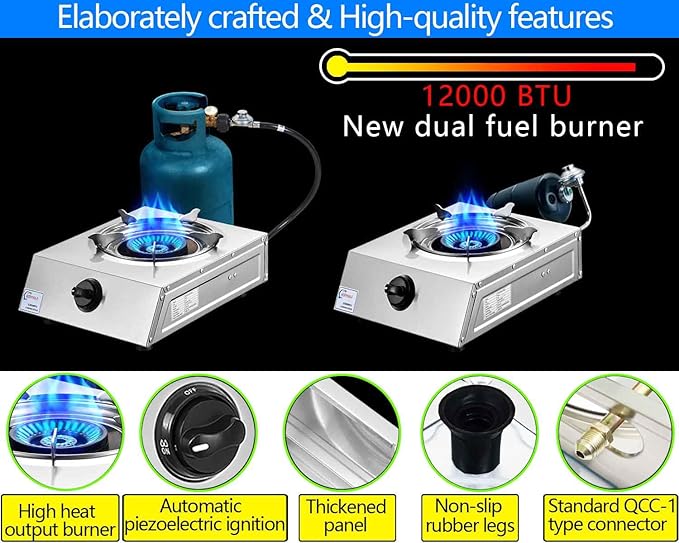 Propane Stove Single Burner Propane Stove 1 Burner 12,000 BTU Dual Fuel Auto Ignition with CSA Converter / QCC1 LPG Hose for Emergency Outdoor Cooking