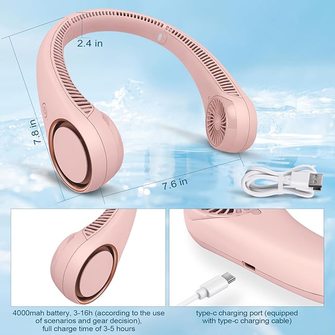 CIVPOWER Neck Fan: Portable Personal Neck Cooling Rechargeable Bladeless Fan - Hands Free 3 Speed 4000 mAh Battery USB Operated Wearable Headphone Design - for Men Women Outdoor Indoor (Pink)
