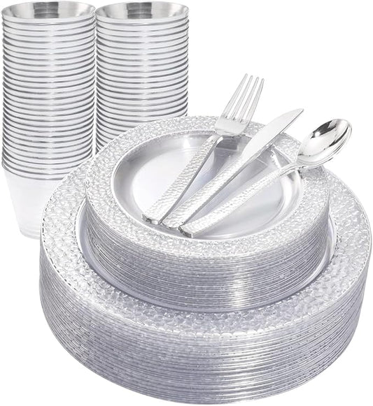 Ciaell 150PCS Clear Silver Plastic Plates - Silver Disposable Plates include 25Dinner Plate, 25Dessert Plate, 25Forks, 25Knives, 25Spoons, 25Cups for Weddings & Parties