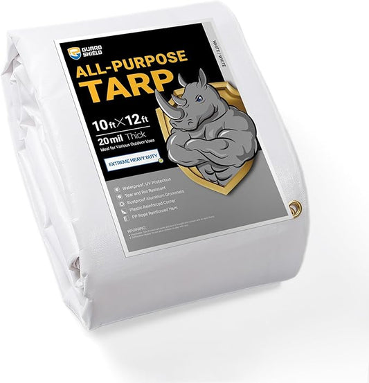 GUARD SHIELD Extreme Heavy Duty White Poly Tarp 10x12 Feet Cover Waterproof Tarps 20mil Thick UV and Tear Resistant Tarpaulin