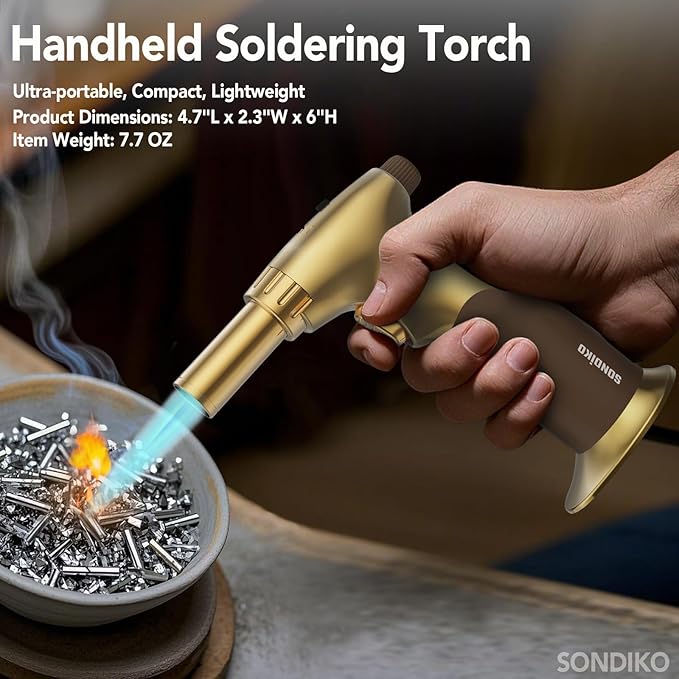 Sondiko DUAL Style Flame Butane Torch Lighter, Adjustable Flame Size Butane Lighter, Refillable Blow Torch with Continuous Flame Lock for Cooking, Butane Gas Is Not Included, Gold