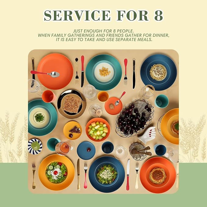 Wheat Straw Dinnerware Set of 32, Unbreakable Dinner Plates and Bowls Dishes Sets Service for 8,Dishwasher Safe Dinnerware Sets for Kitchen and Camping.Vibrant Series