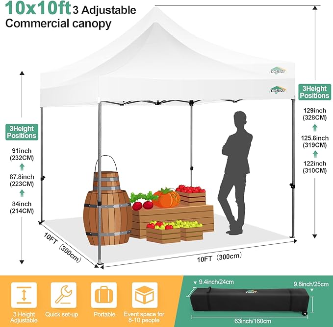COBIZI 10x10 Pop Up Canopy Tent with 4 sidewalls Commercial Heavy Duty Canopy UPF 50+ All Weather Waterproof Outdoor Canopy Wedding Tents for Parties Gazebo with Roller Bag, White (Windproof Upgraded)