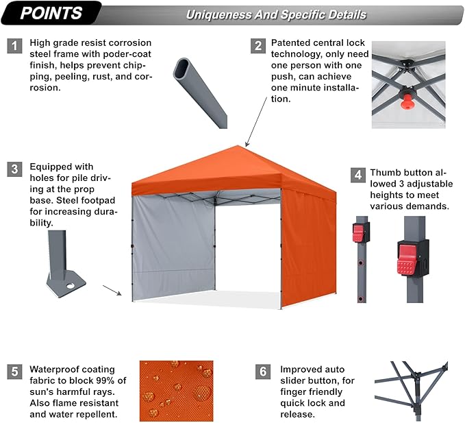 ABCCANOPY Pop up Canopy Tent with 2 Sidewalls for Outdoor Sun Blocking or Rain Protection,10x10, Orange