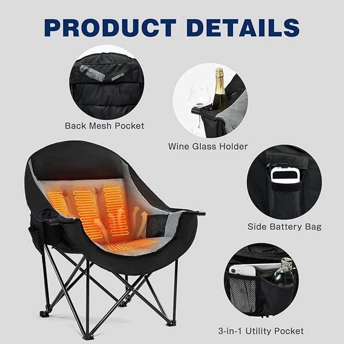 apollo walker Heated Camping Chair - Heavy Duty 500lbs Camping Chairs for Adults with Adjustable Heating, Cup Holder & Cooler Bag, Heated Chairs Outdoor Sports Beach Concert Stadium