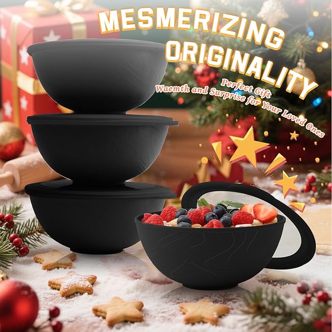 Homienly Wheat Straw Bowls with Lids, Unbreakable 40 OZ Salad Container for Lunch, Dishwasher Safe Cereal Bowl for Kitchen, Camping, Picnic, 8 Piece Plastic Bowl Set includes 4 Bowls and 4 Lids, Black
