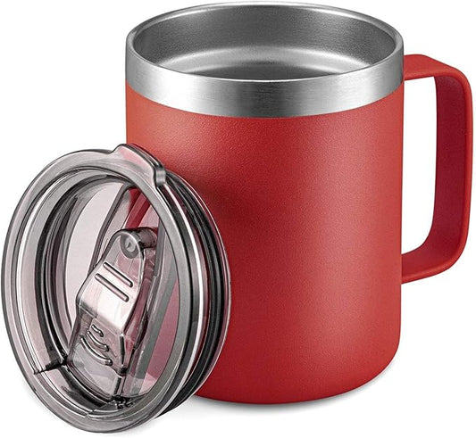 ALOUFEA 12oz Stainless Steel Insulated Coffee Mug with Handle, Double Wall Vacuum Travel Mug, Tumbler Cup with Sliding Lid, Red